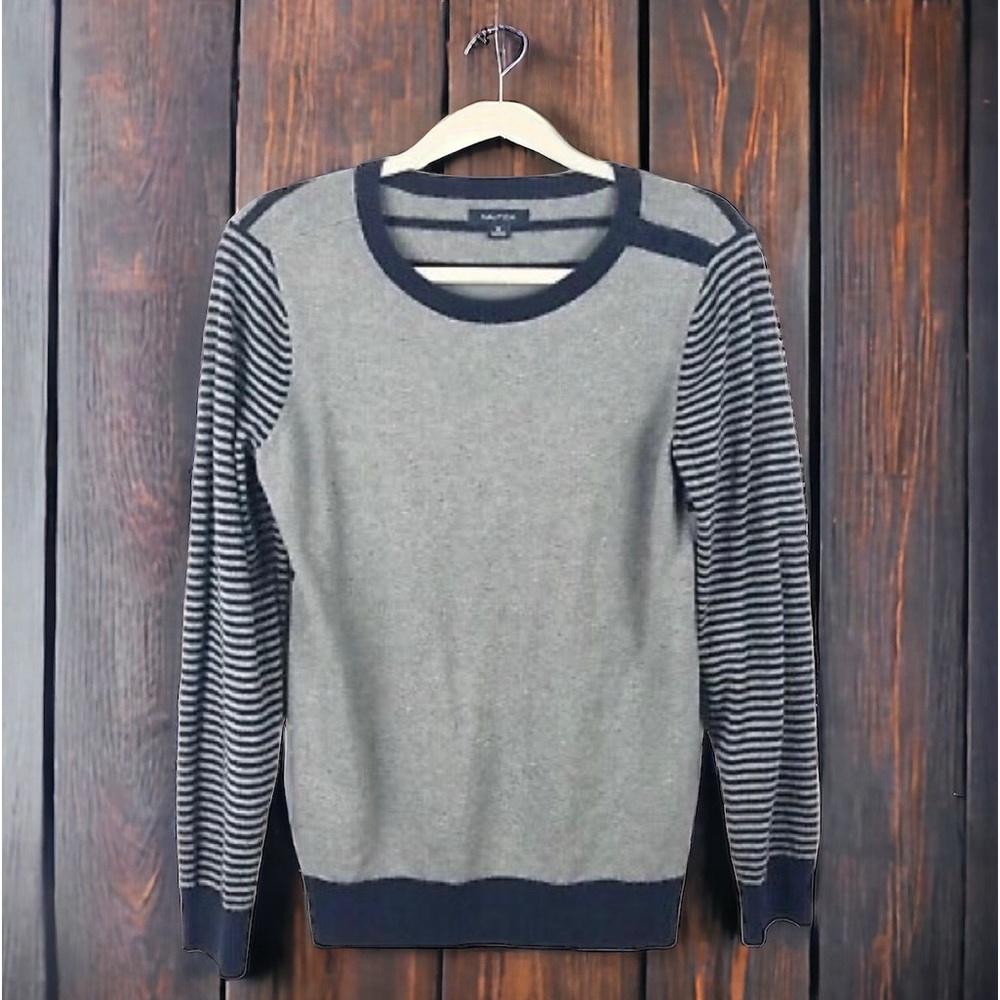 ❄️ 50% off winter Nautica crewneck pinstripe neutral pullover knit sweater M